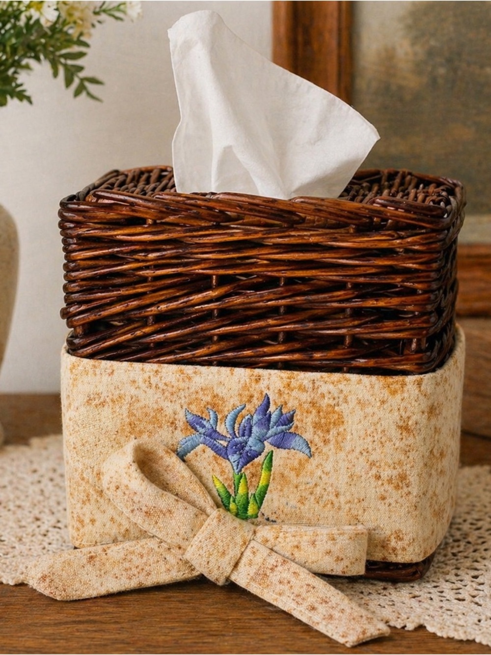 Woven Rattan Tissue Box Cover with Floral Fabric Bow